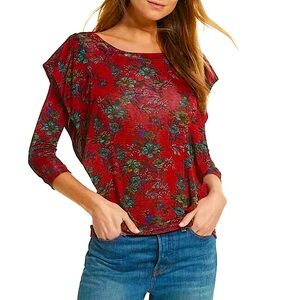 FREE PEOPLE Deep Red Floral Ladies size L Ruffle Blouse